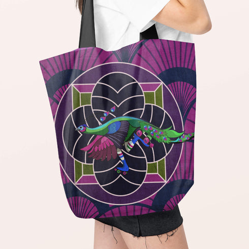 Art Deco Roller Skating Peacock Canvas Tote